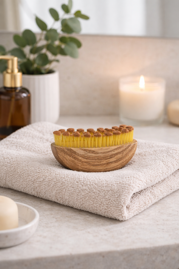 Lymph-Massage Bürste auf gefaltetem Handtuch im Badezimmer
