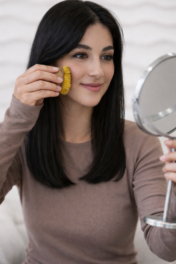 Anwendung einer Lymph-Massagebürste im Gesicht